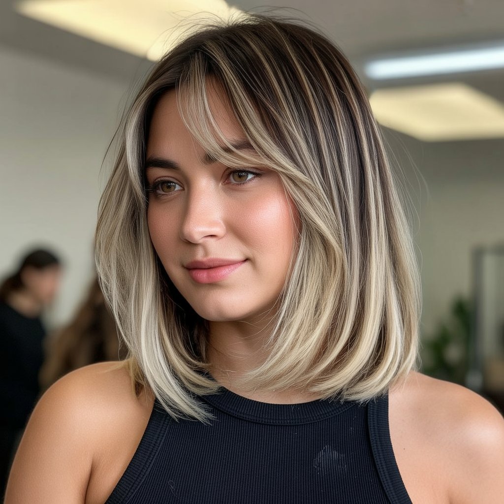 28. Long Bob with Curtain Bangs and Root Shadow