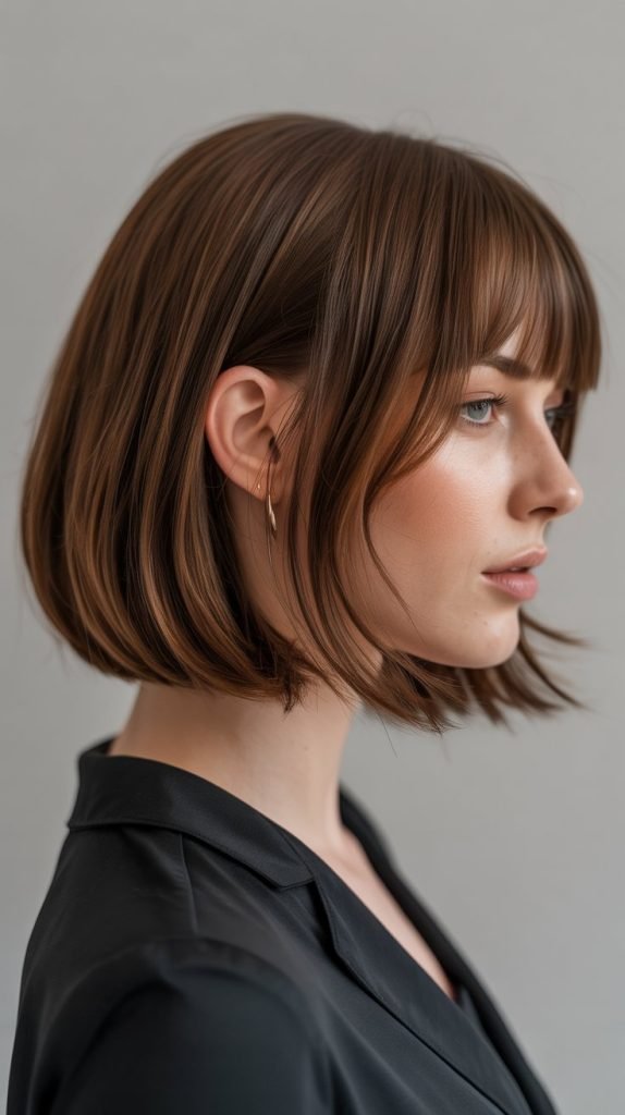 16. Long Bob with Curtain Bangs and Slight Graduation