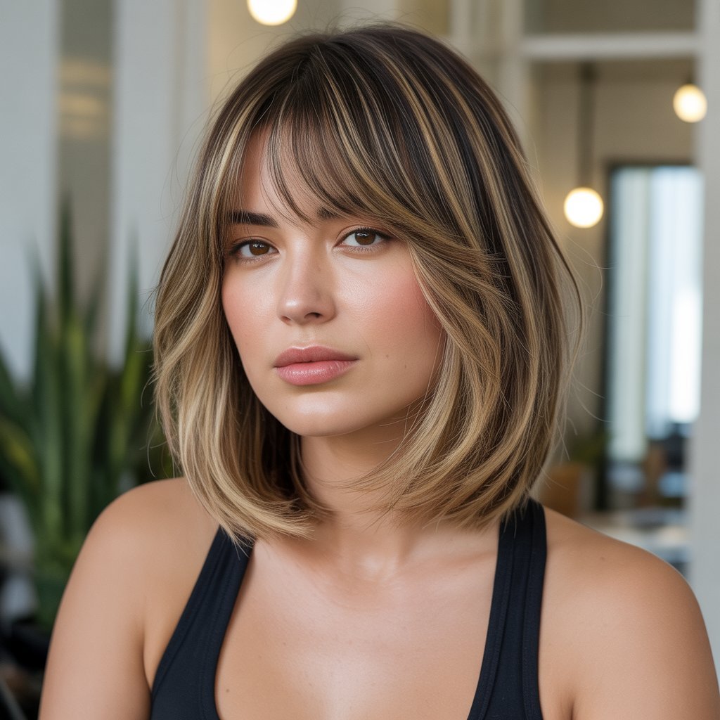13. Long Bob with Curtain Bangs and Face-Framing Highlights