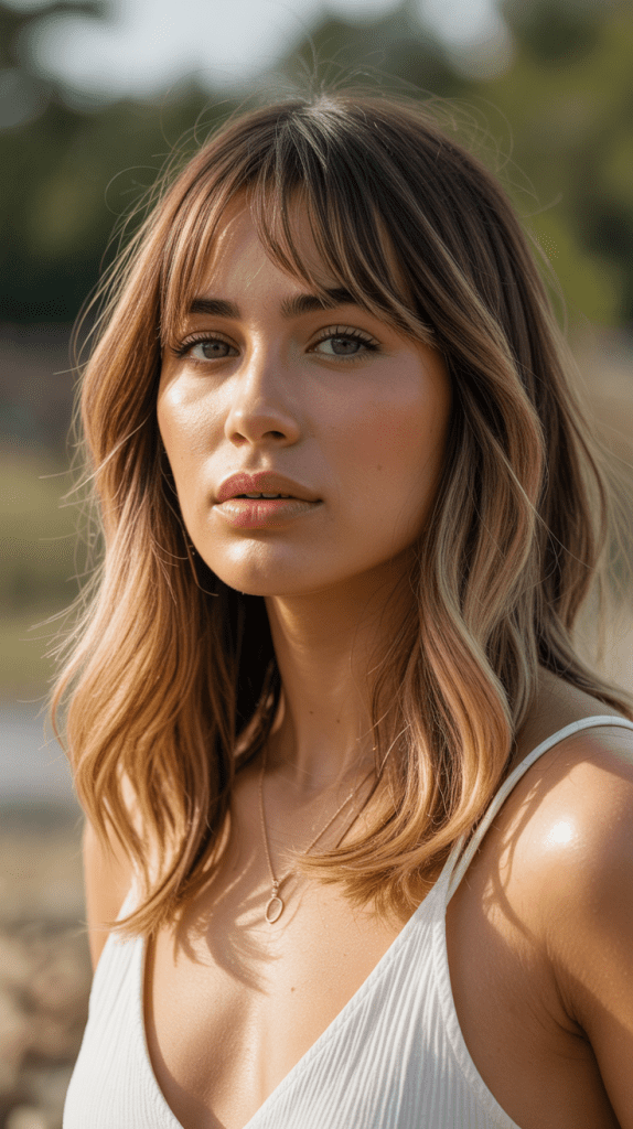 Long Bob with Wispy Bangs and Honey Highlights
