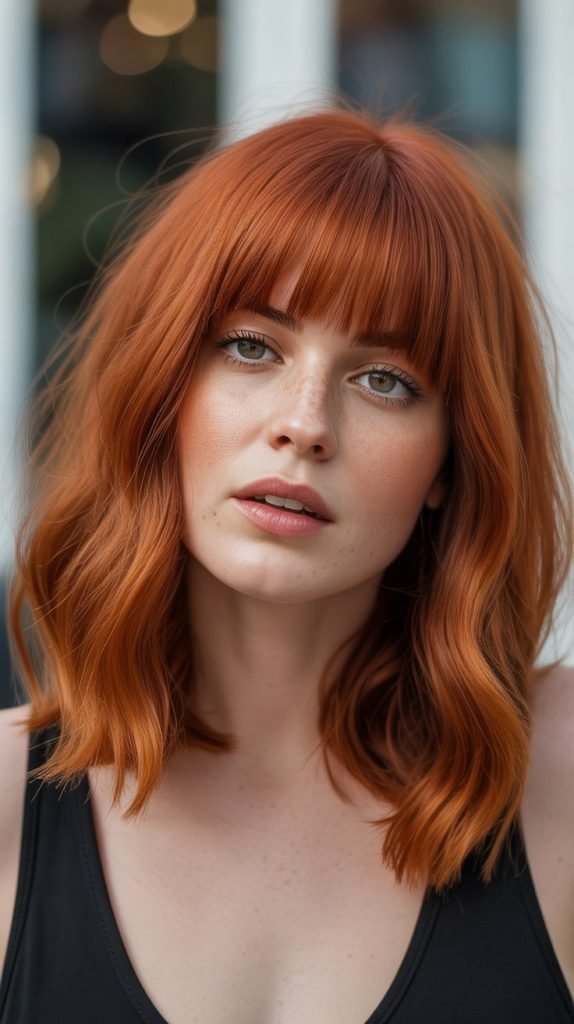 23. Long Bob with Curtain Bangs and Red Tones