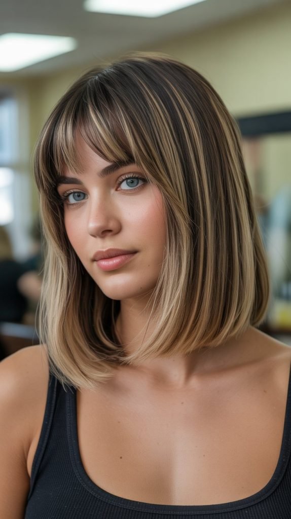 8. Long Bob with Curtain Bangs and Subtle Highlights