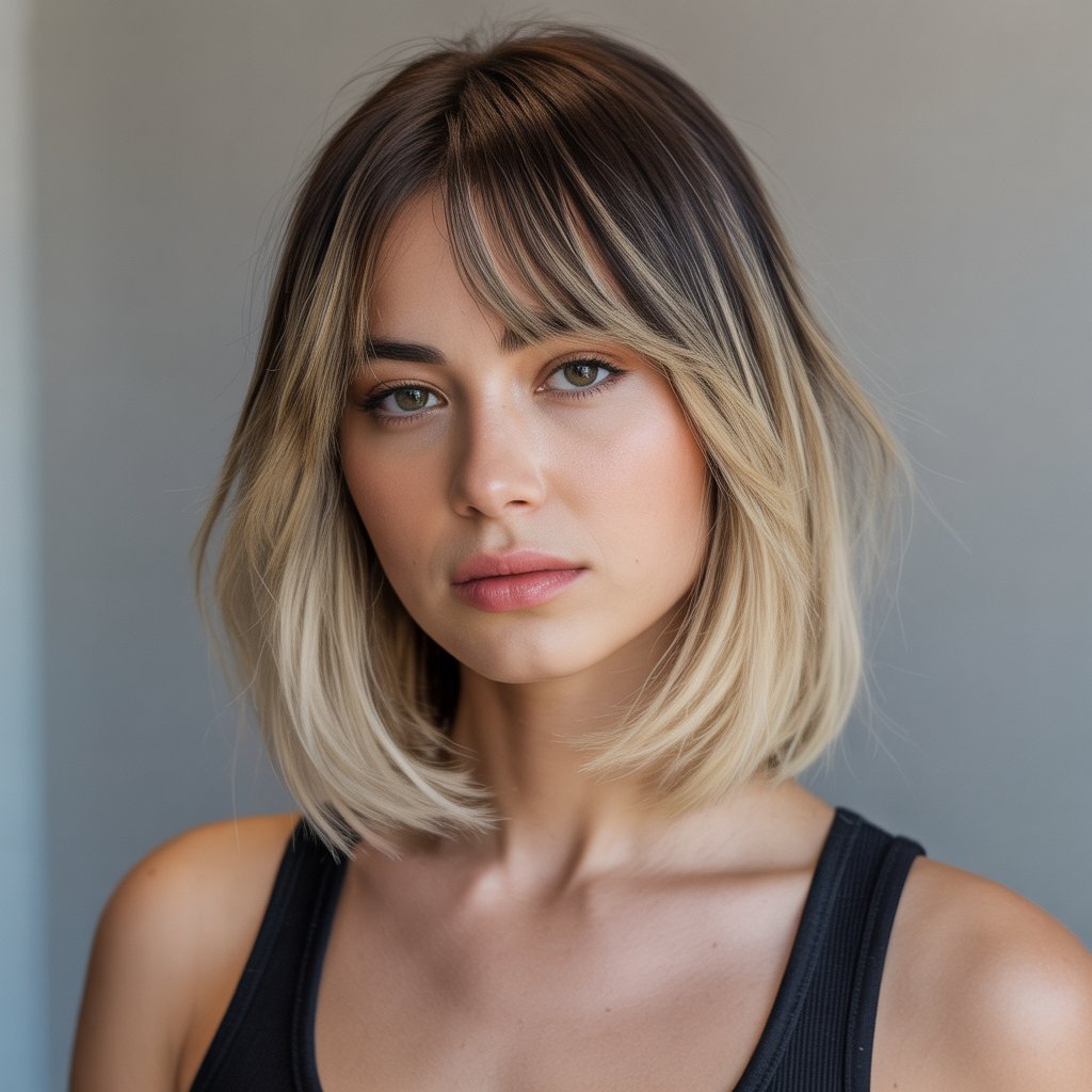 22. Long Bob with Curtain Bangs and Ombré