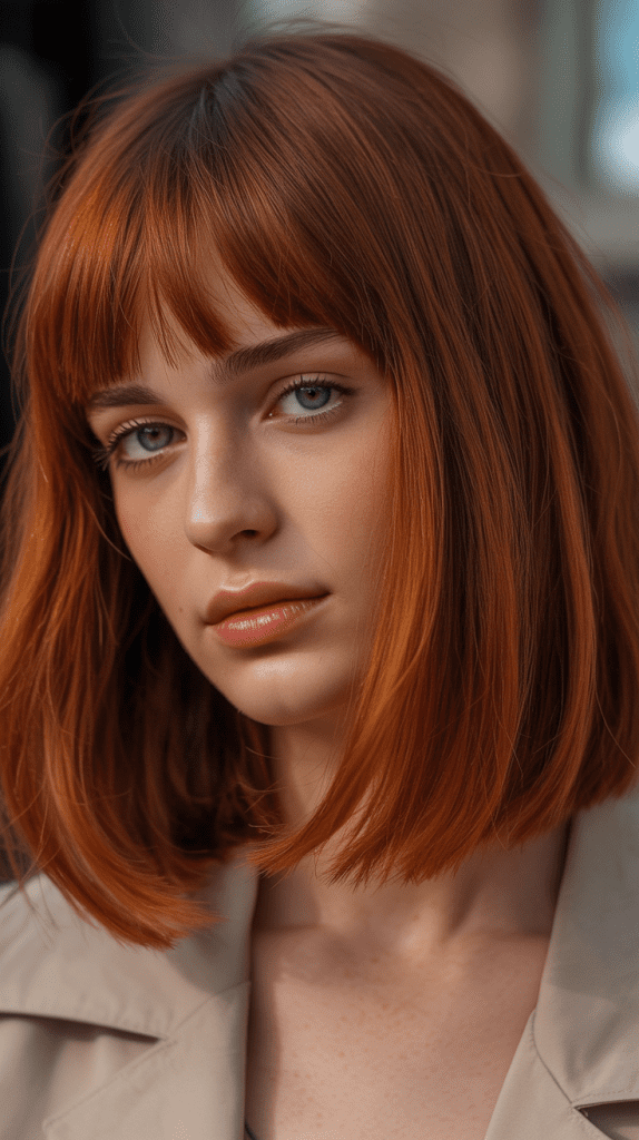 Long Bob with Curtain Bangs and Copper Tones