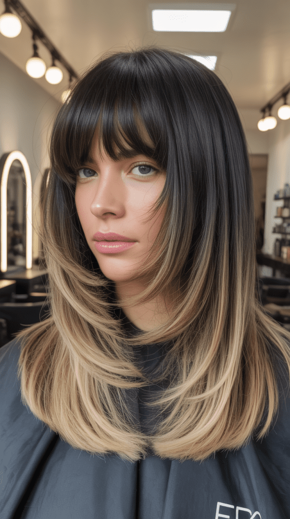  Long Bob with Full Fringe and Balayage Highlights