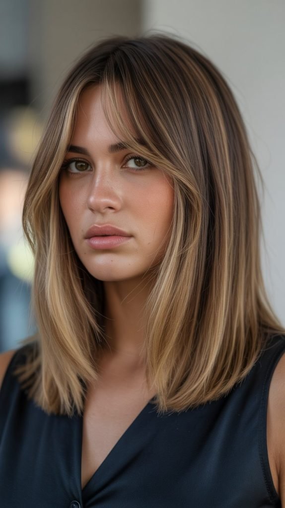 34. Long Bob with Curtain Bangs and Balayage Highlights