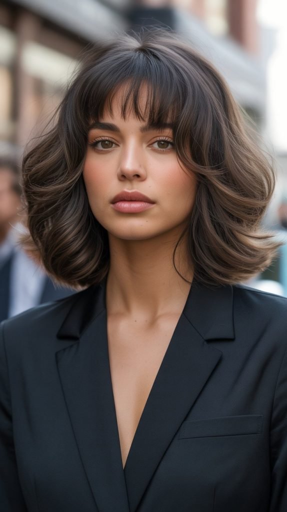 7. Long Bob with Thick Curtain Bangs