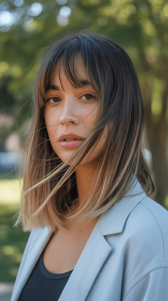 Long Bob with Curtain Bangs and Balayage