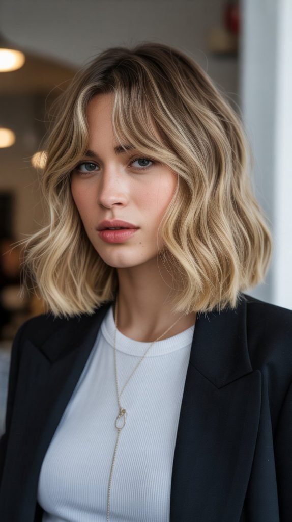 15. Long Bob with Curtain Bangs and Deep Side Part