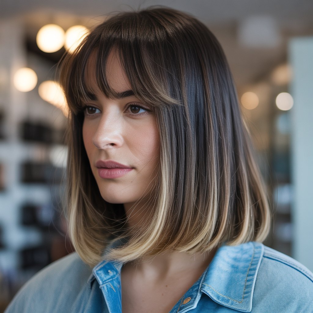 Colored Balayage Lob with Curtain Bangs