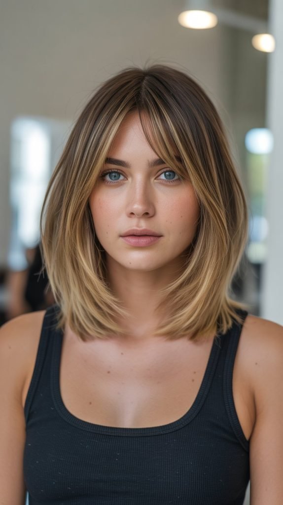 9. Balayage Long Bob with Curtain Bangs