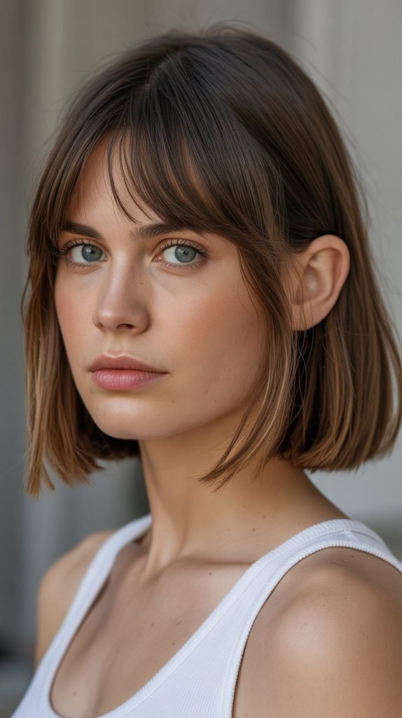 34. Long Bob with Curtain Bangs and Tucked Behind Ears