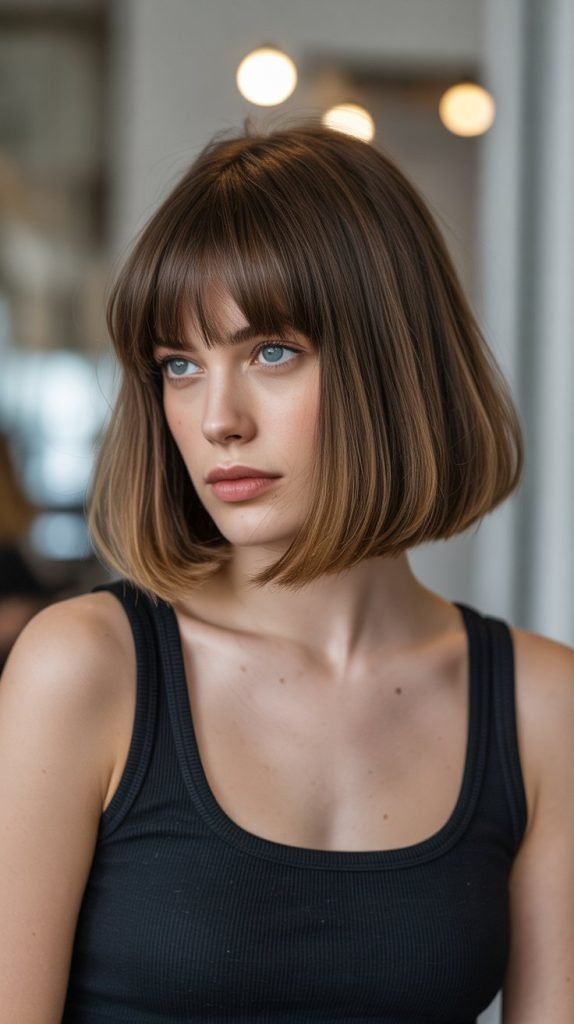 28. Long Bob with Curtain Bangs and Volume at Crown