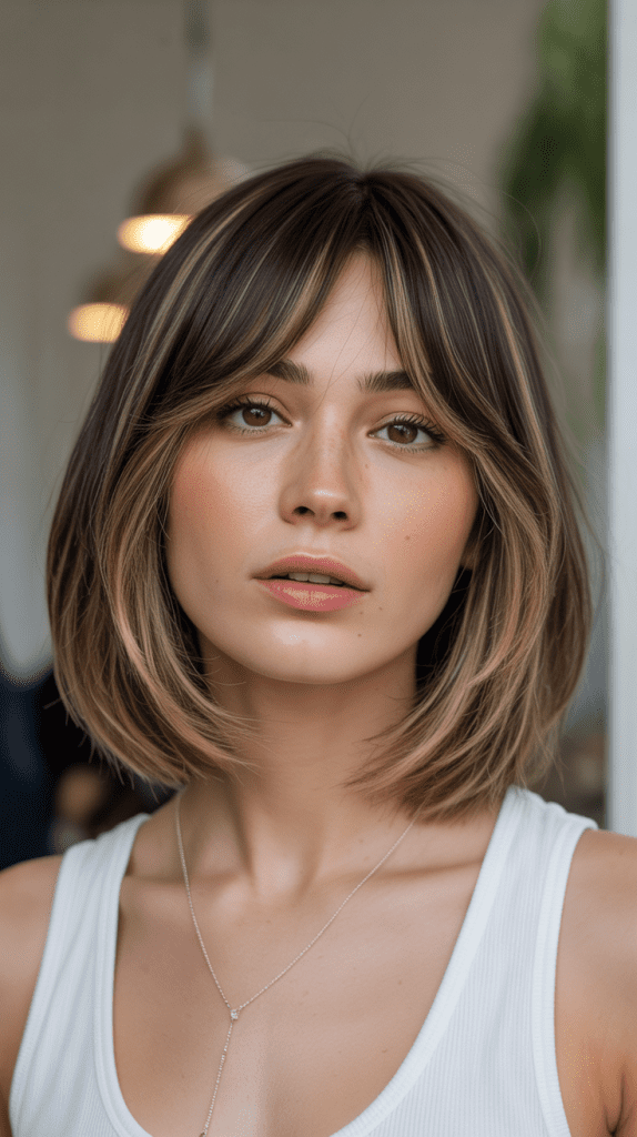 Long Bob with Side Bangs and Lowlights