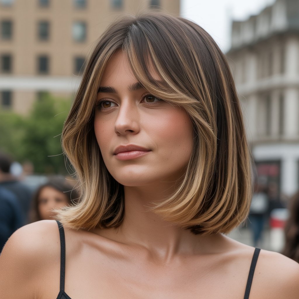 30. Long Bob with Curtain Bangs and Ribbon Highlights