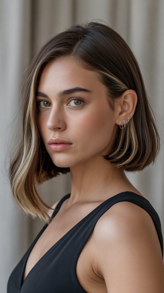 22. Long Bob with Curtain Bangs and Tucked Behind Ears