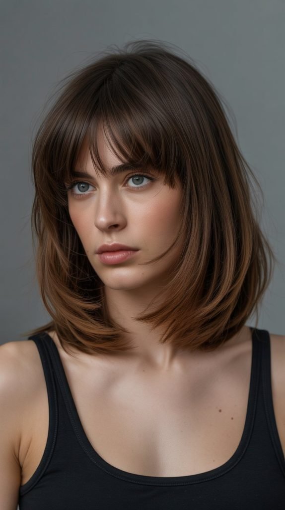 23. Long Bob with Full Thick Bangs