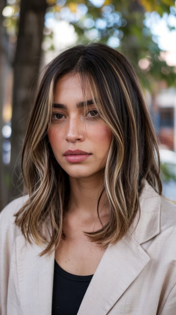 Balayage Long Bob with Sun-Kissed Curtain Bangs