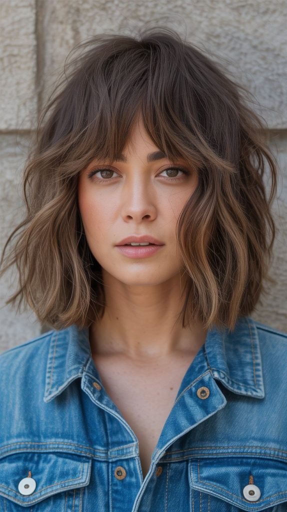 Messy Lob with Piecey Curtain Bangs