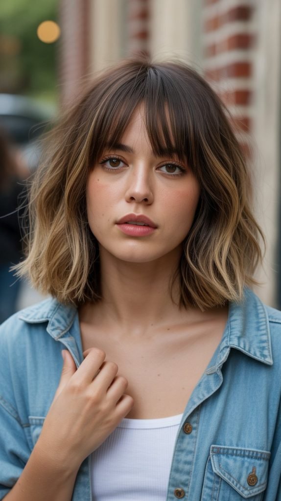 11. Messy Bedhead Long Bob with Curtain Bangs