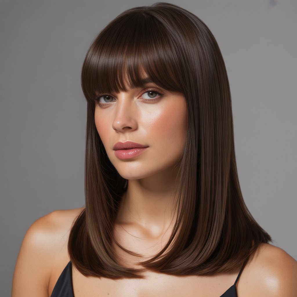 Straight and Sleek Lob with Full Curtain Bangs