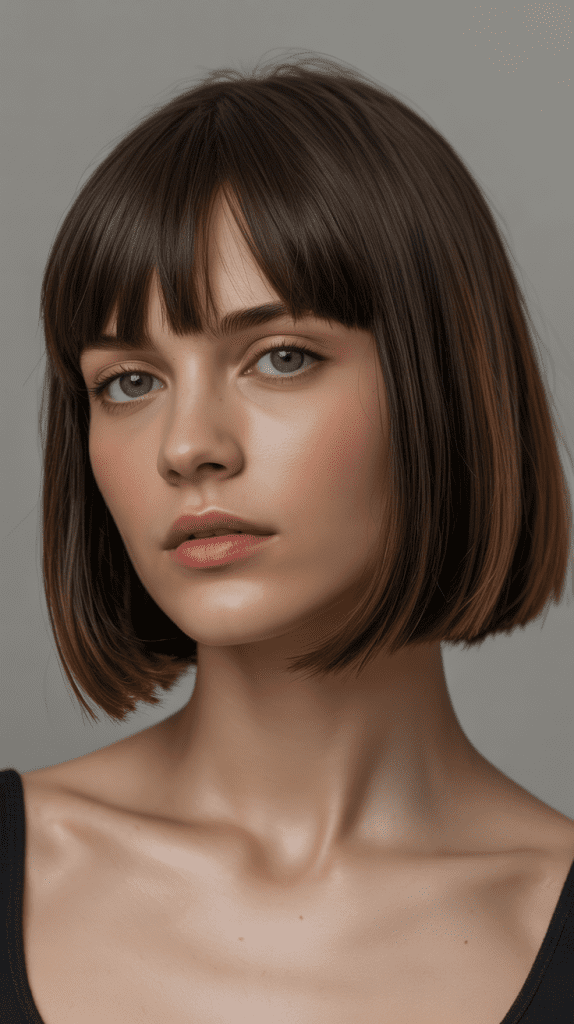Long Bob with Baby Bangs and Straight Styling