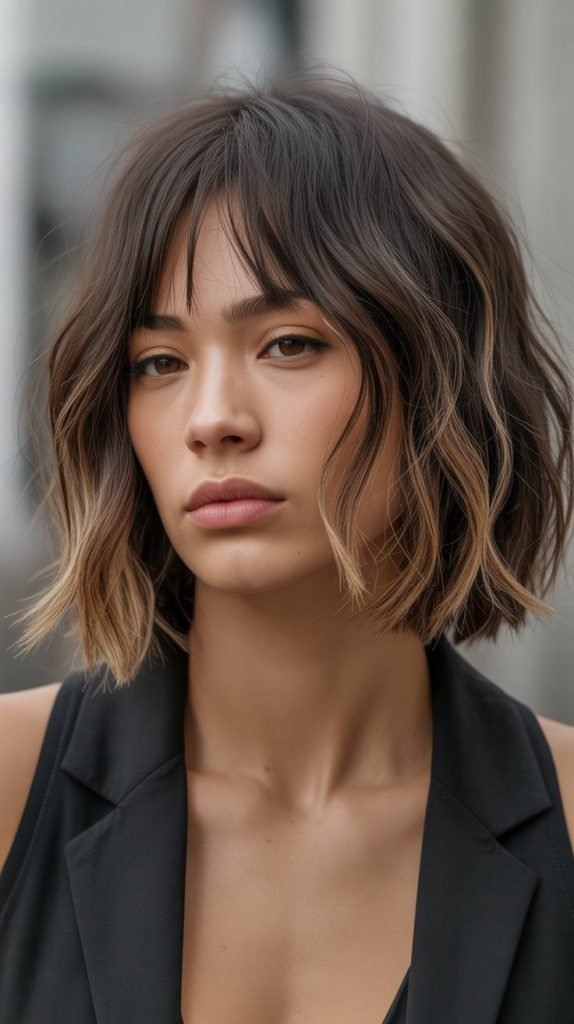Piecey Long Bob with Textured Curtain Bangs