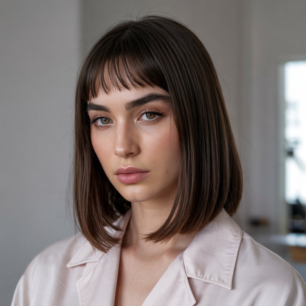 Curly Long Bob with Defined Curtain Bangs
