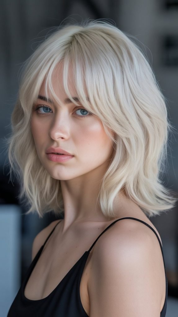 27. Platinum Long Bob with Icy Curtain Bangs