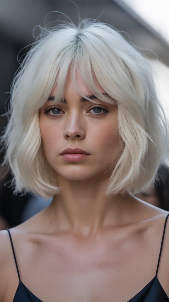 Platinum Blonde Long Bob with Curtain Bangs