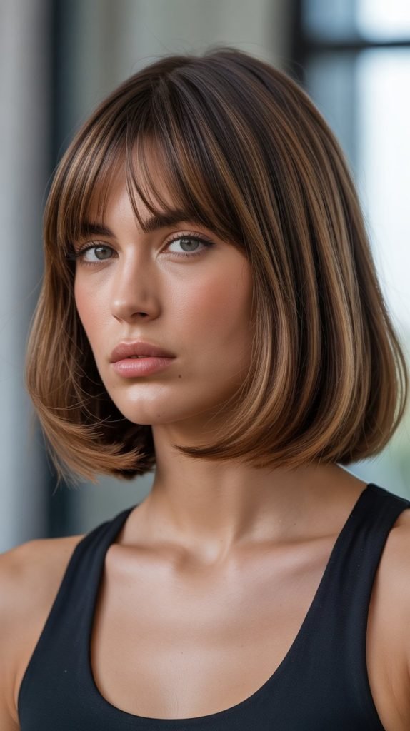 27. Polished Long Bob with Curtain Bangs and Glass Hair