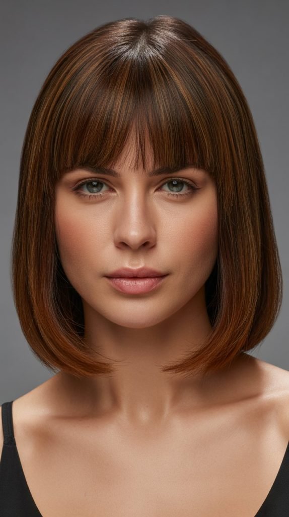 14. Polished Long Bob with Precise Curtain Bangs