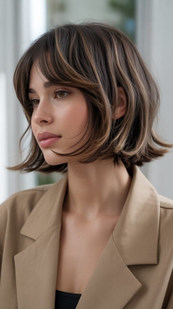 15. Razored Long Bob with Textured Curtain Bangs