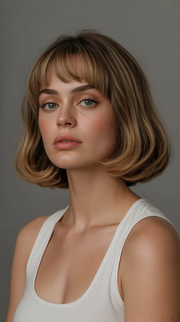19. Retro-Inspired Long Bob with 60s Curtain Bangs