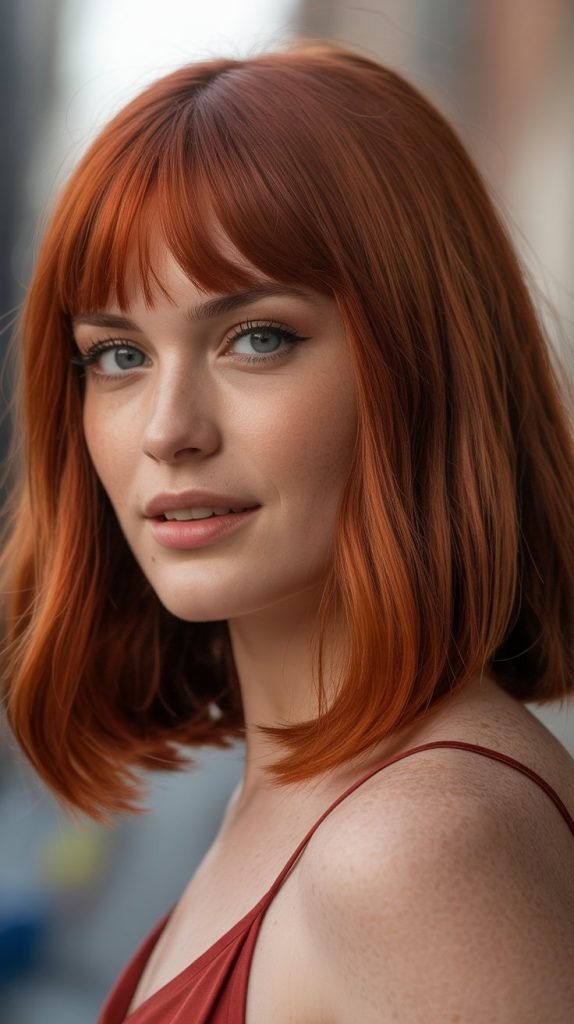 14. Red Long Bob with Curtain Bangs