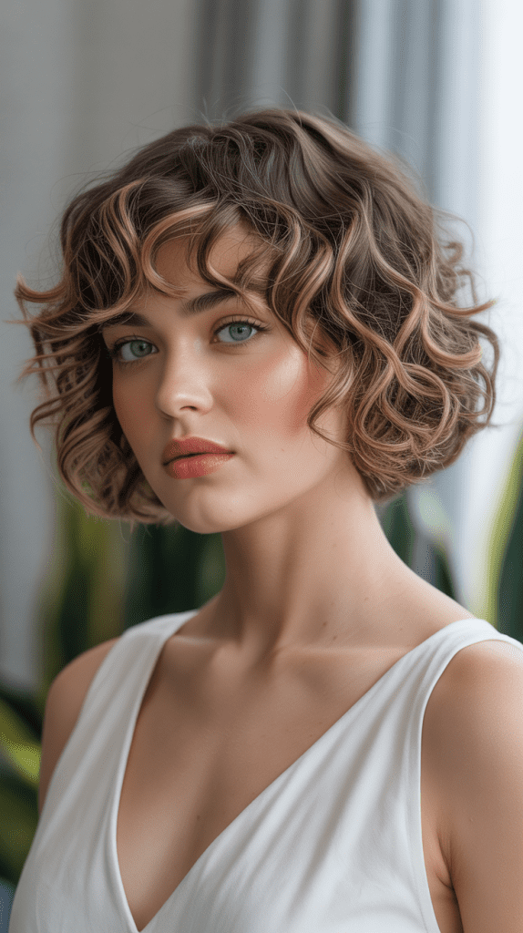 Romantic Curly Bob with Curved Bangs