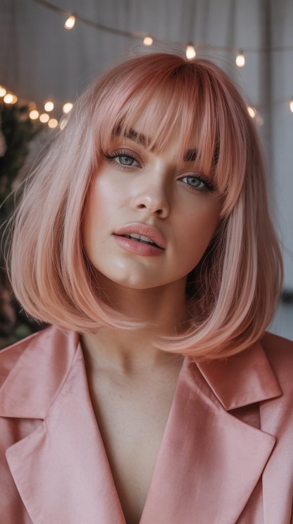 Rose Gold Long Bob with Curtain Bangs