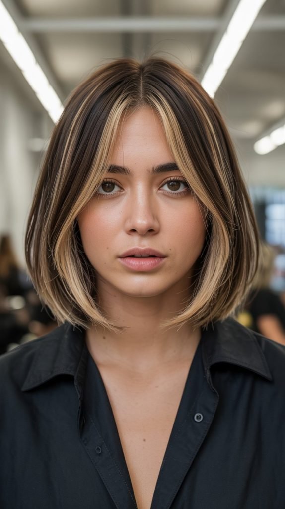 11. Long Bob with Center-Parted Curtain Bangs and Highlights