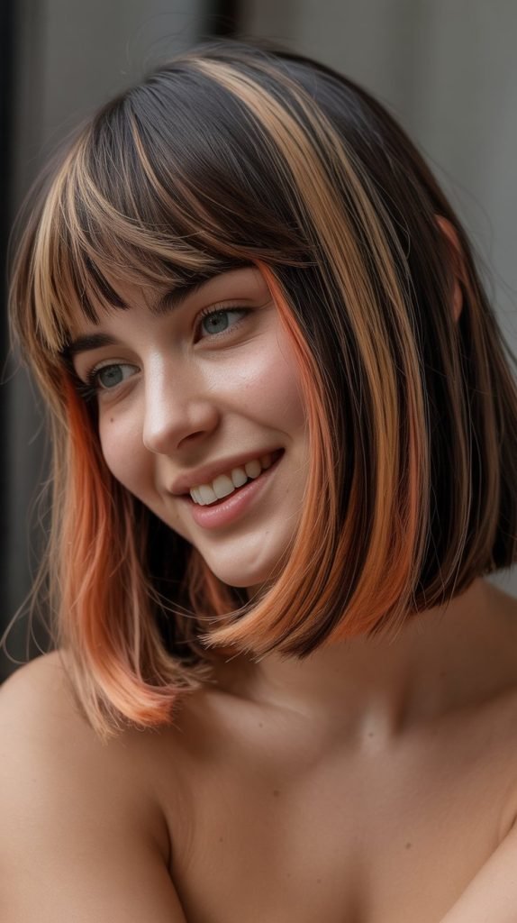 Long Bob with Curtain Bangs and Peekaboo Highlights