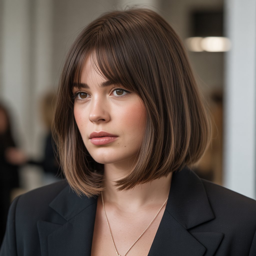 24. Long Bob with Curtain Bangs for Round Faces