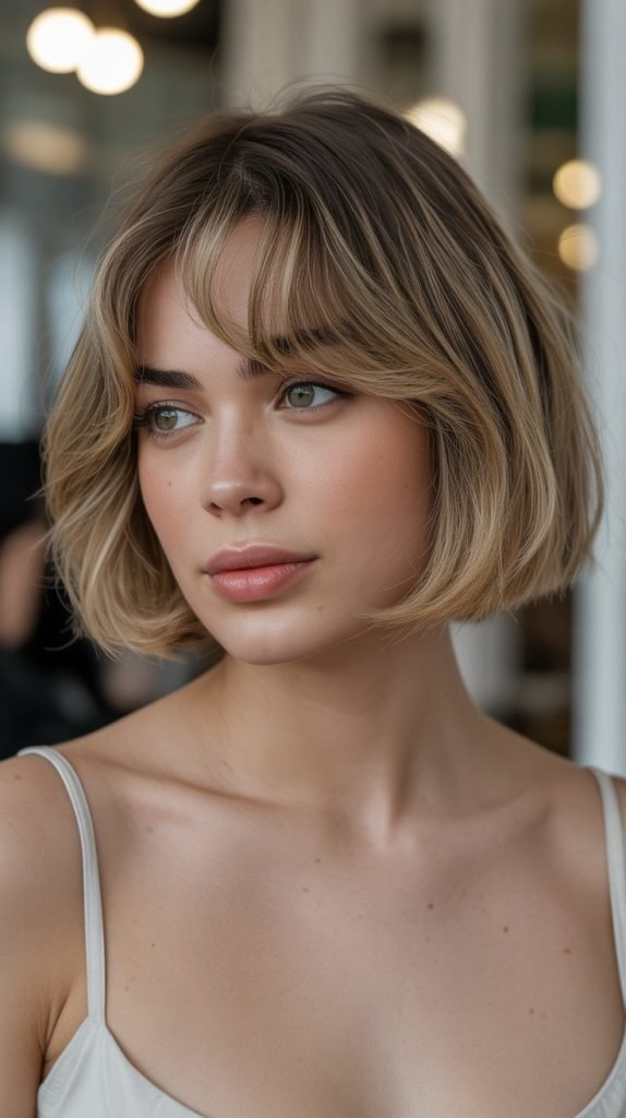 26. Rounded Long Bob with Curved Curtain Bangs