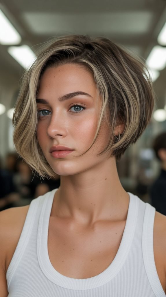 12. Stacked Bob with Face-Framing Highlights