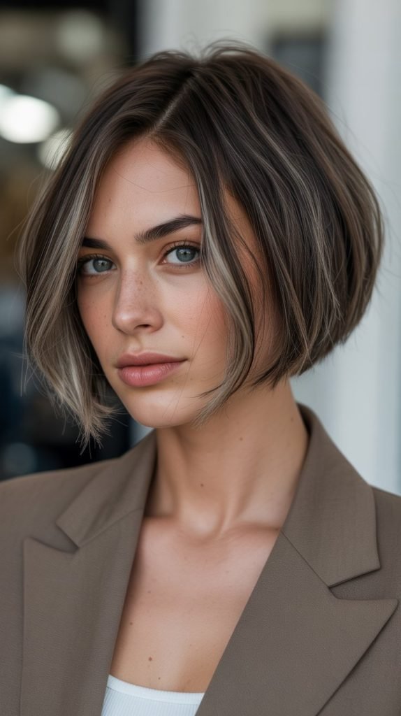 32. Smoky Ash Highlights on Brunette Bob