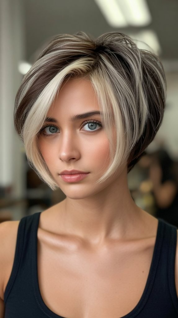 30. Stacked Bob with Money Piece Highlights