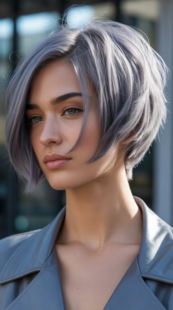 34. Stacked Bob with Metallic Color Tones