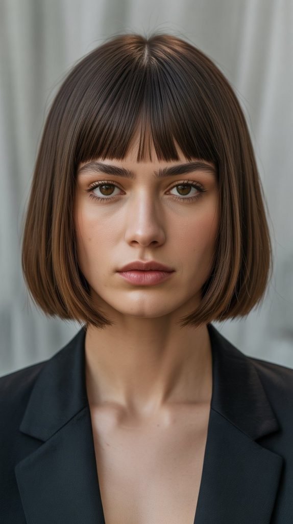 25. Sleek Long Bob with Curtain Bangs and Middle Part Precision