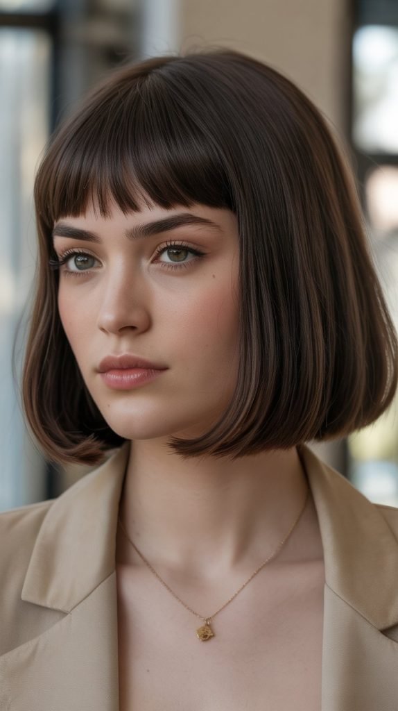 5. Sleek Long Bob with Micro Curtain Bangs