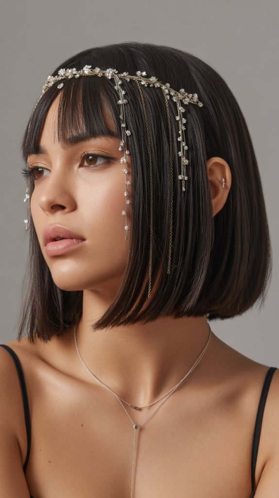 35. Sleek Long Bob with Curtain Bangs and Hair Jewelry