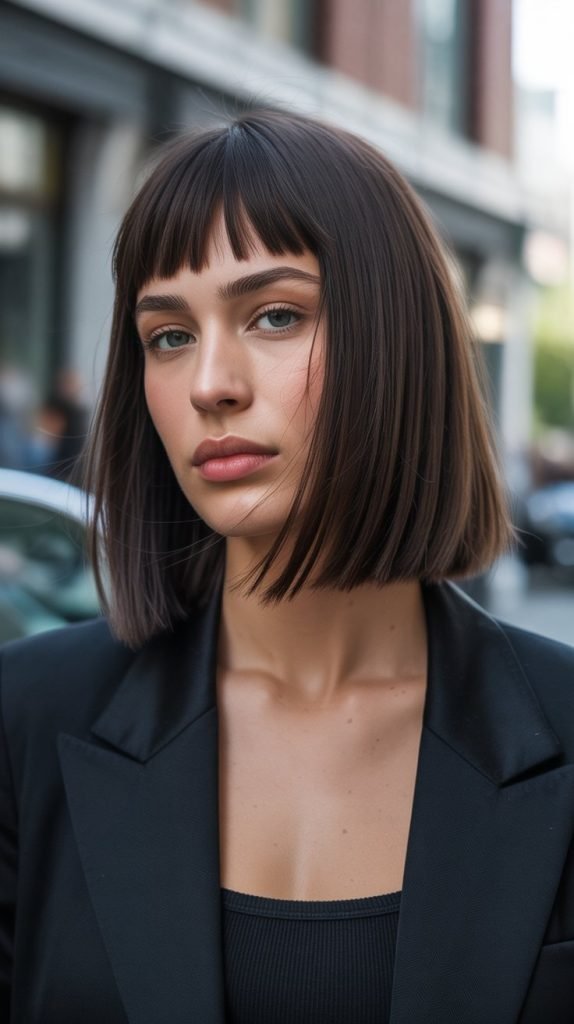 19. Sleek Long Bob with Choppy Curtain Bangs