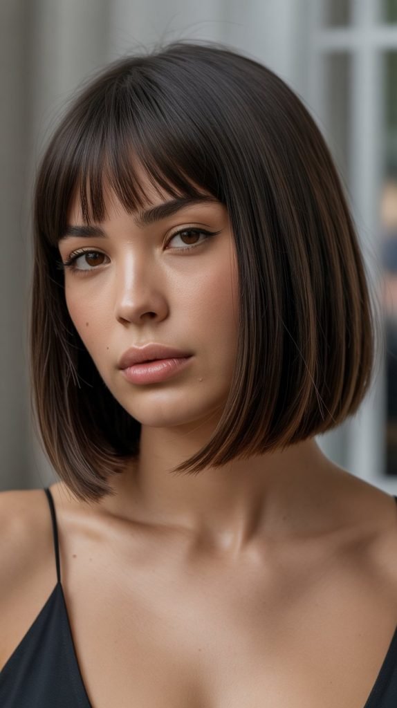 12. Sleek and Straight Long Bob with Micro Curtain Bangs